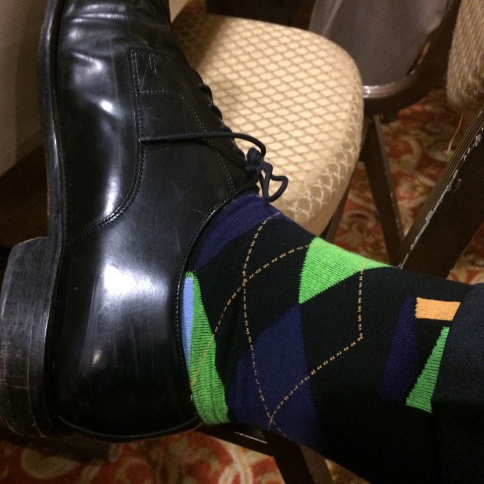 Green, blue and orange plaid socks.