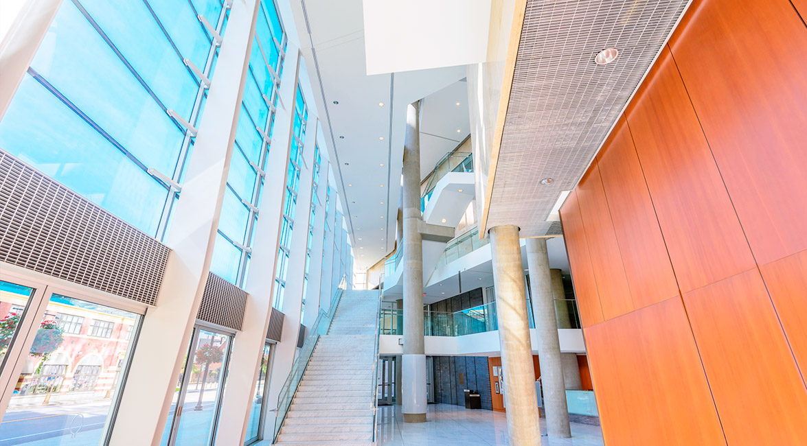 Modern building interior shot with long staircase.